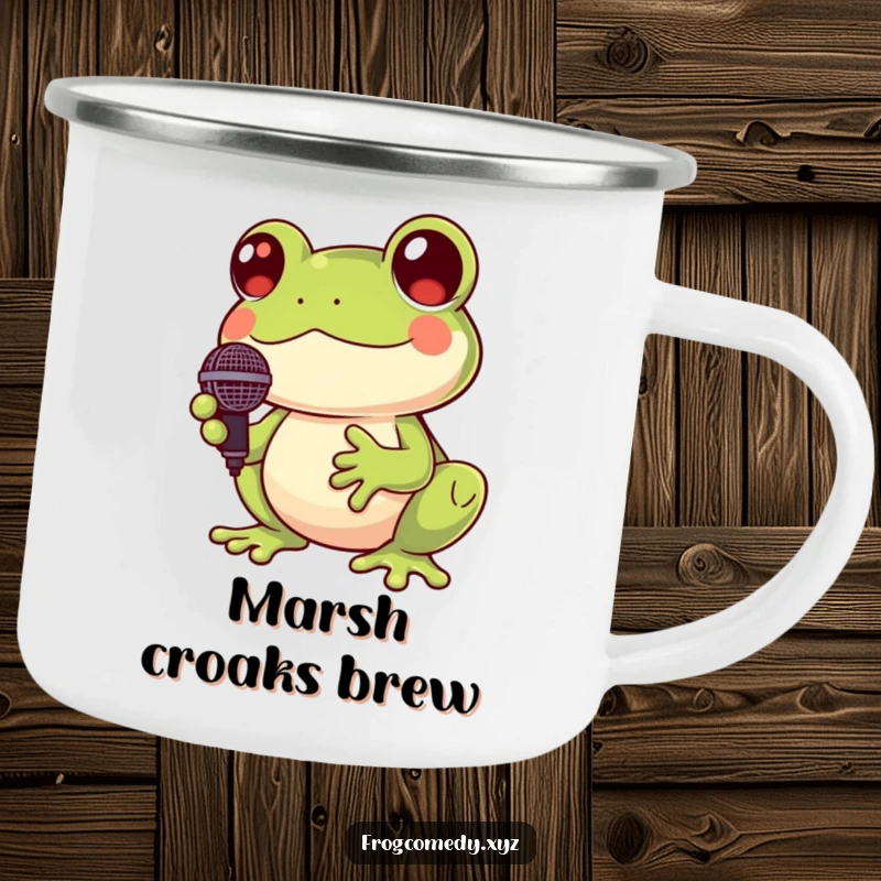 Funny Kawaii frog camping mug showing a cute frog holding a microphone and croaking, perfect for outdoor singers and frog fans.
