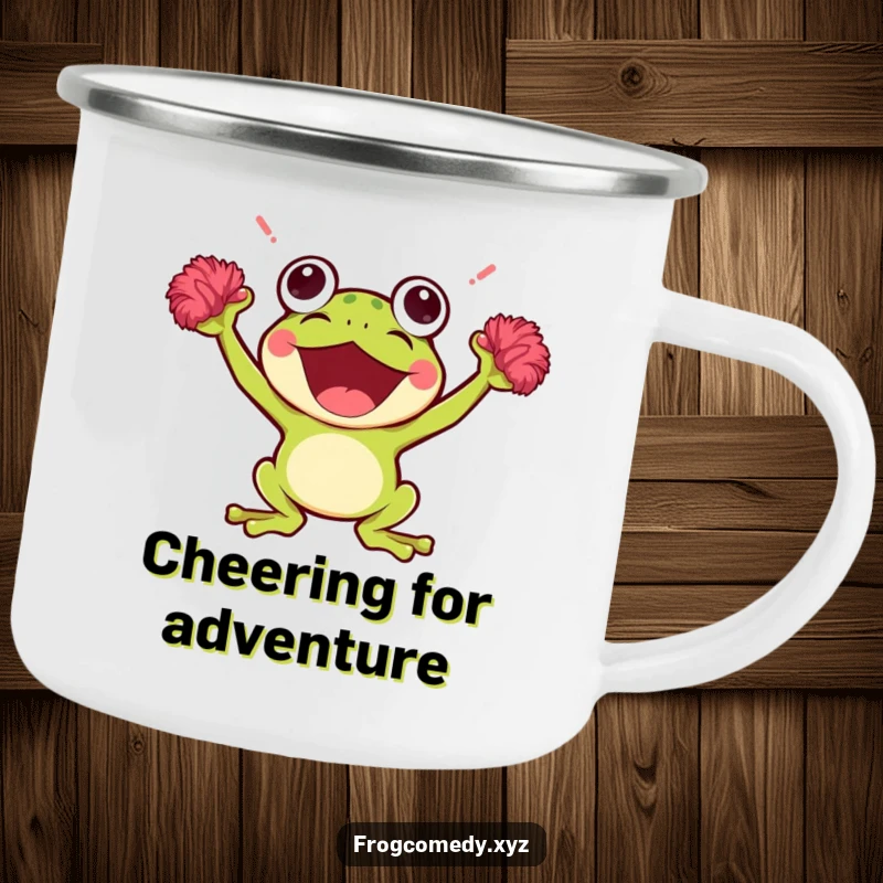 Funny Kawaii Frog Camping Mug: Durable enamel mug with a cheering Kawaii frog design and pom-poms, perfect for outdoor drinks and good vibes.