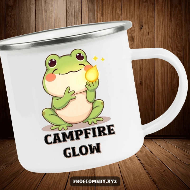 Funny kawaii frog camping mug, showing a shy frog offering a glowing firefly, durable and cheerful for outdoor nights.