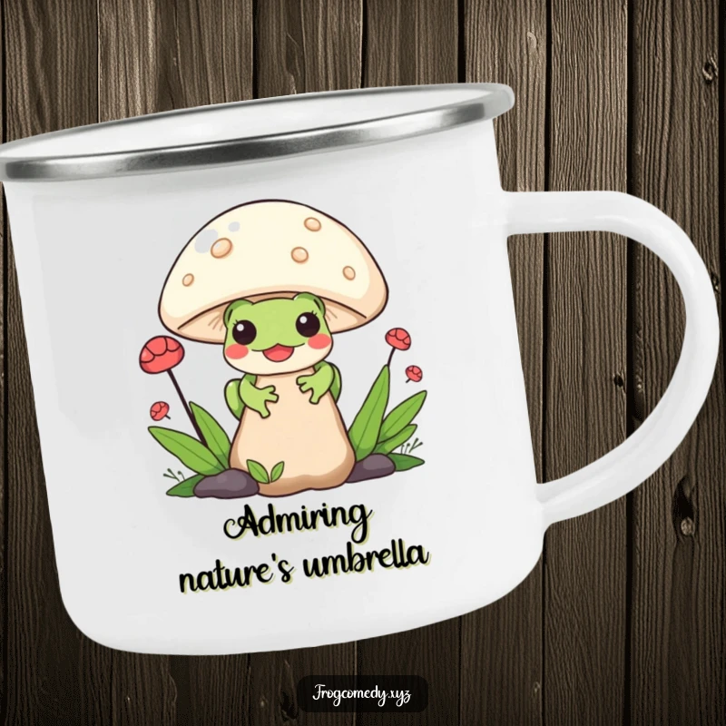 Funny Kawaii Frog Camping Mug: Durable enamel mug with a Kawaii frog peeking from behind a mushroom, perfect for outdoor drinks.