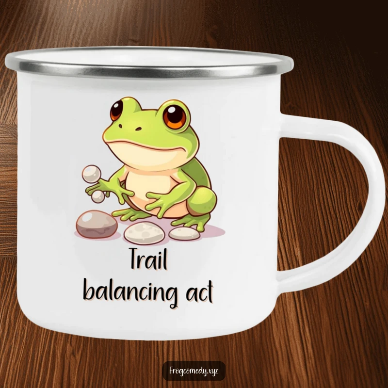 Funny camping mug with a determined kawaii frog juggling three shiny pebbles, designed for outdoor use and humorous inspiration.