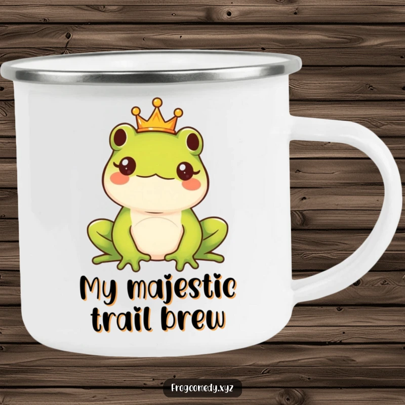 Funny Kawaii frog king wearing a tiny crown, looking majestic on a durable, funny camping mug for outdoor fun.
