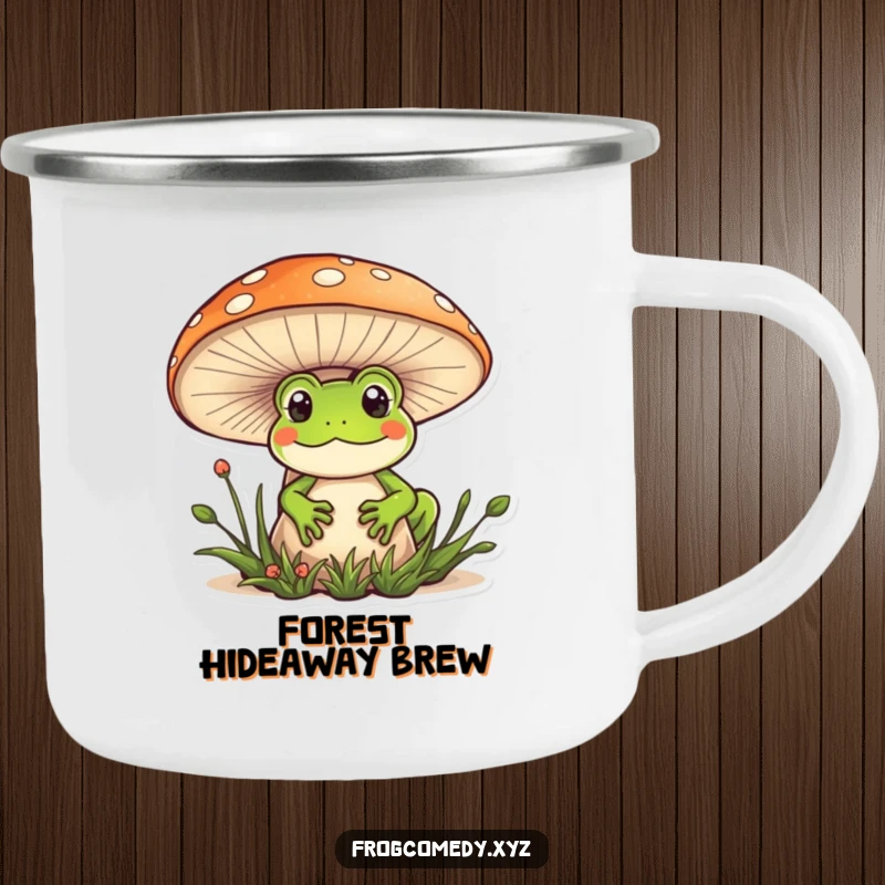 Funny Kawaii frog camping mug with a cute frog peeking from behind a mushroom, perfect for outdoor humor.