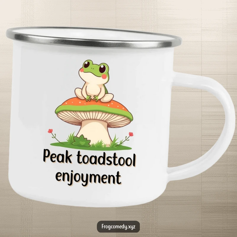 Funny camping mug with a kawaii frog on a mushroom, enjoying an expansive, beautiful view, designed for outdoor use and humorous enjoyment.