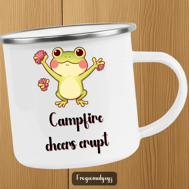 Funny Kawaii frog camping mug with a cute frog cheering with pom-poms, perfect for outdoor fun and humor.