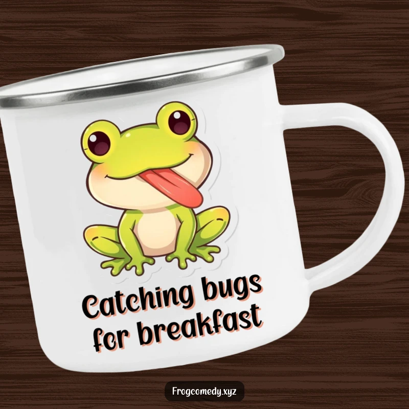 Funny camping mug with a kawaii frog character sticking out its long, sticky tongue playfully, perfect for outdoor humor.