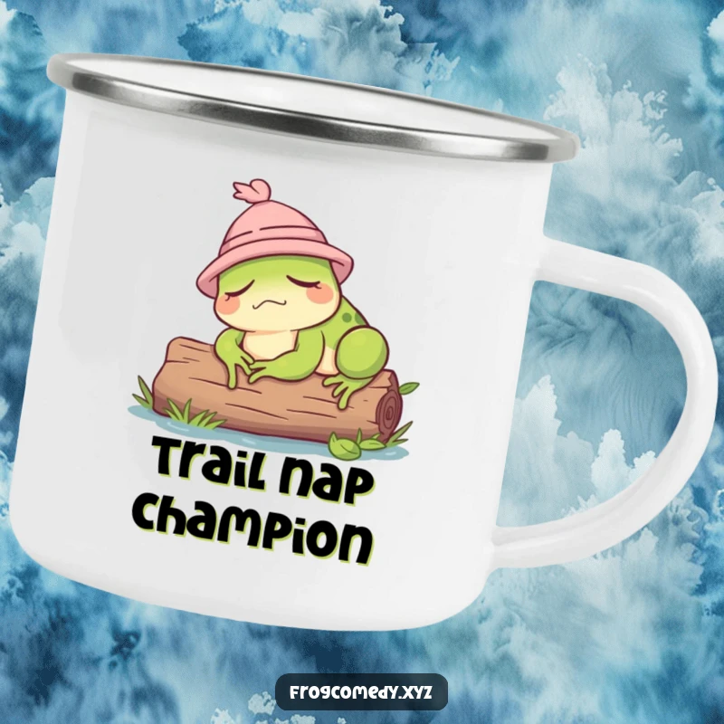 Funny camping mug showcasing a sleepy frog in a tiny hat, dozing contentedly on a log.