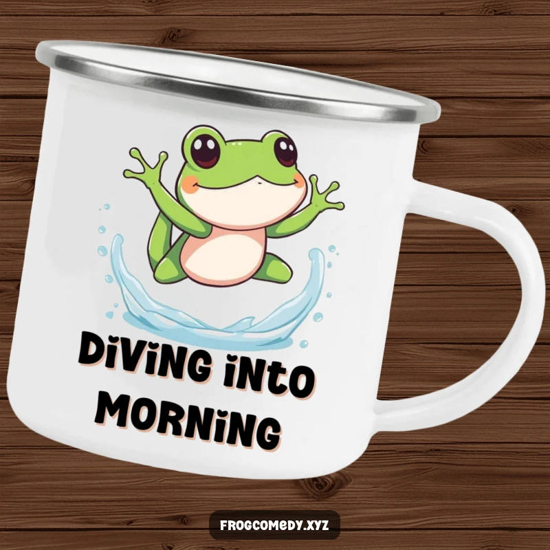 Funny splashy frog dive camping mug, showing an amphibian making a water splash, perfect for outdoor drinks with a playful and aquatic theme.