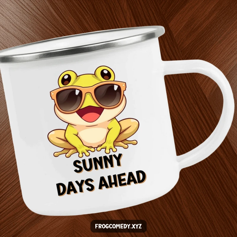 Funny camping mug with a giggling frog wearing sunglasses and enjoying the sun, perfect for outdoor cool amphibian humor.
