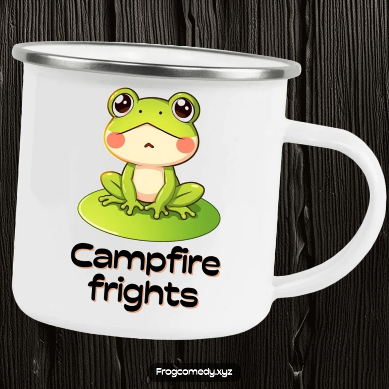Funny camping mug with a shocked frog sitting on a lily pad, perfect for coffee or tea during outdoor excursions.