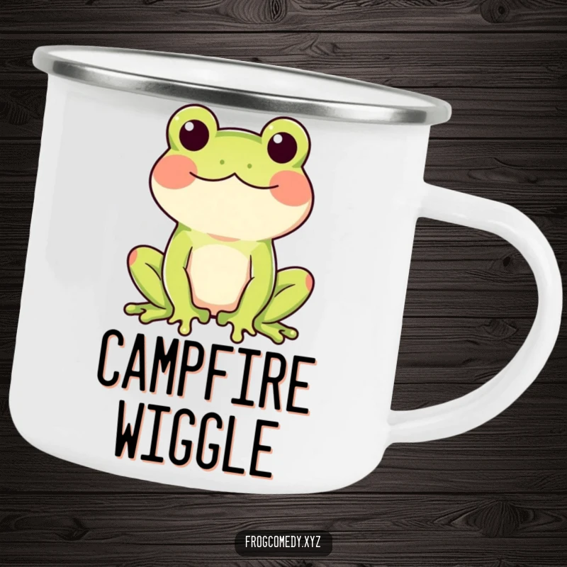 Funny camping mug with a rosy-cheeked frog doing a happy wiggle, great for cheerful campers.