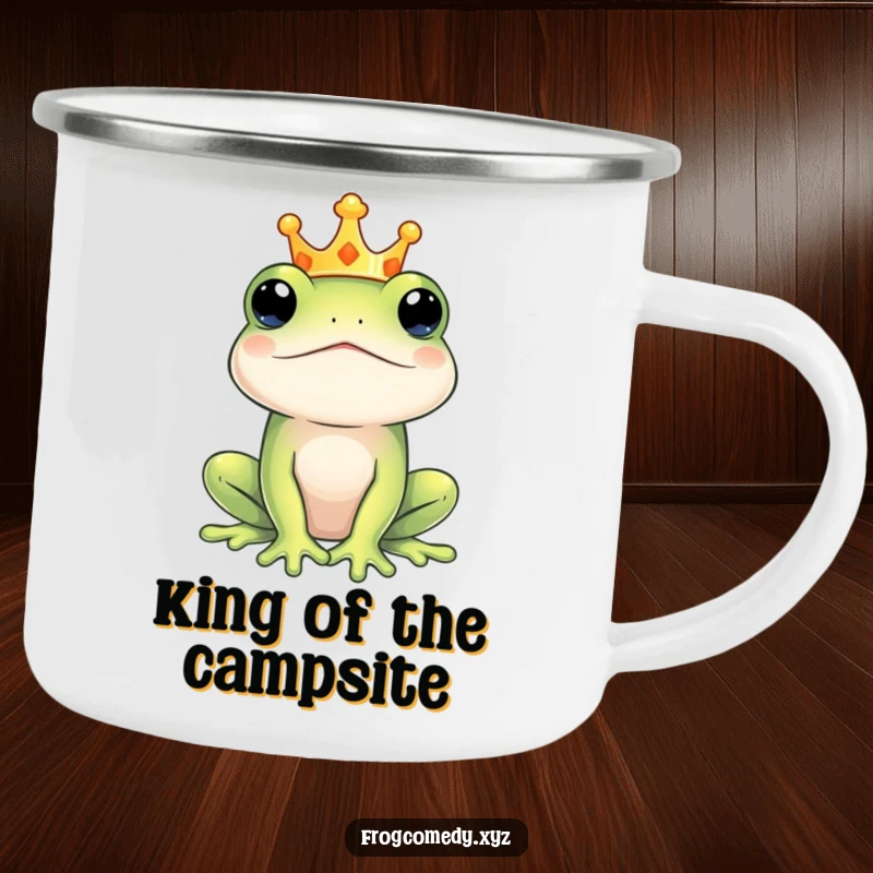 Funny regal frog king camping mug, showing a crowned amphibian, perfect for outdoor adventures and enjoying drinks with a royal touch.