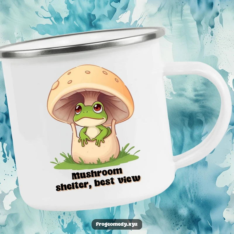 Funny enamel camping mug showing a curious frog peeking out from a large mushroom.