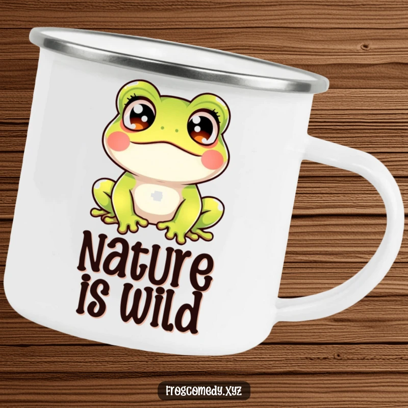 Funny kawaii frog crossed eyes camping mug featuring a durable design and a cute amphibian looking startled and amused, ready for outdoor fun.