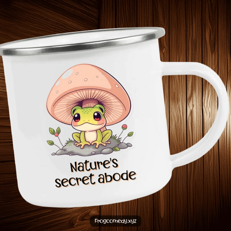 Funny frog peeking from under a large mushroom, enamel camping mug, outdoor adventure accessory, humorous gift for hikers.
