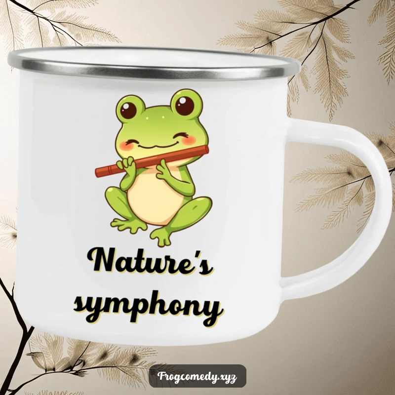 Funny camping mug featuring a Kawaii stylized frog character with a big smile playing a tiny flute, designed for outdoor lovers who appreciate cute and musical art.