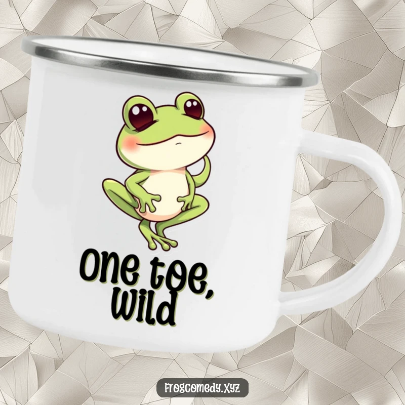 Funny frog balancing on one toe with a mischievous wink, durable camping mug for outdoor humor.