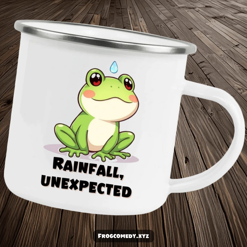 Funny Kawaii frog camping mug with a cute frog surprised by a raindrop, perfect for outdoor humor and unexpected moments.