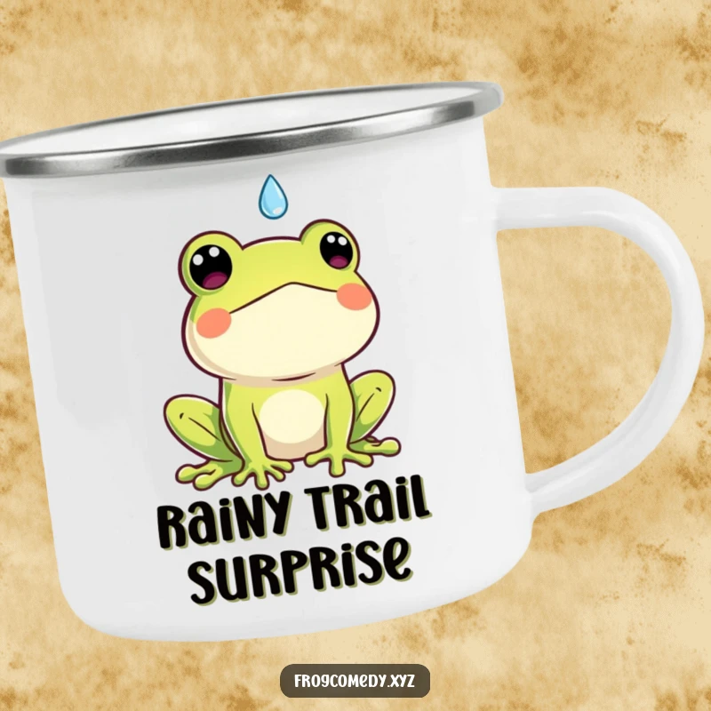 Funny Kawaii frog camping mug, featuring a surprised frog reacting to a raindrop, ideal for outdoor humor.