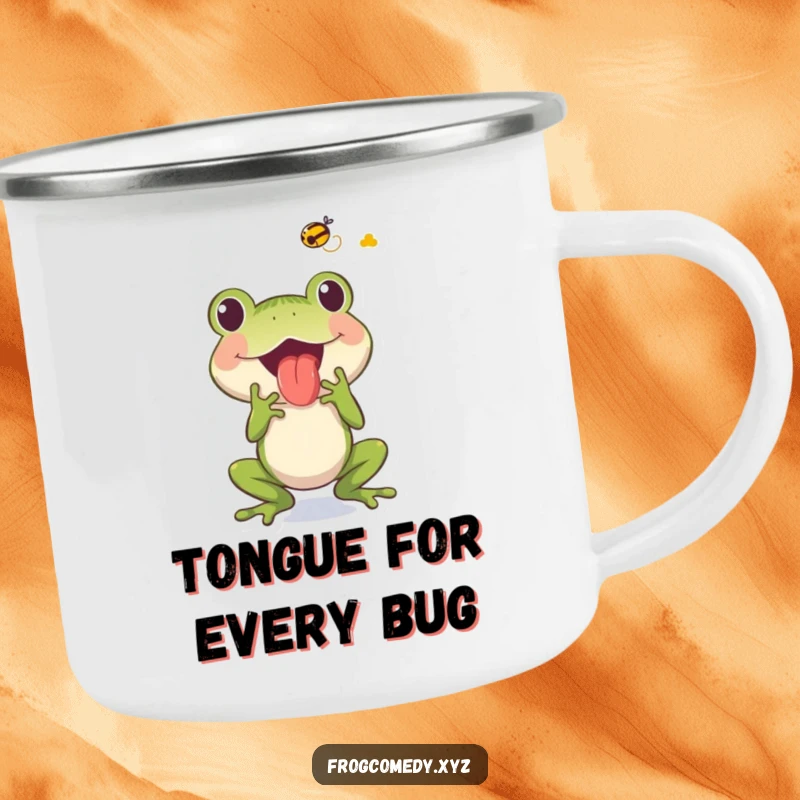 Funny frog character catching a fly with its tongue, printed on a durable camping mug for outdoor humor.