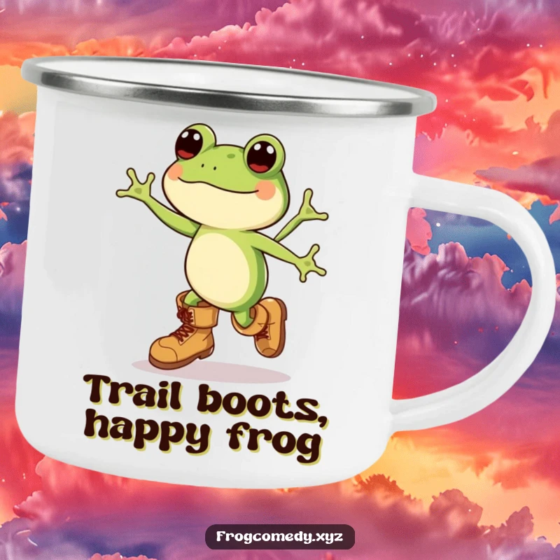 Funny Kawaii frog in large boots, leaping with joy on a camping trip, makes this enamel mug a humorous keepsake.