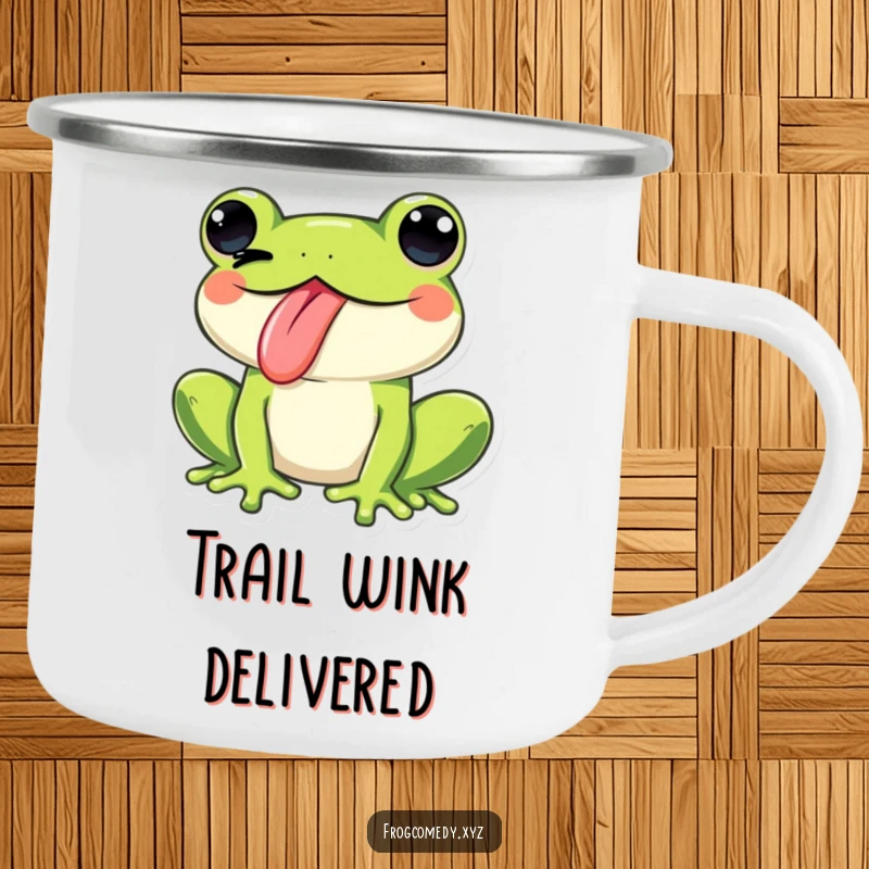Funny Kawaii frog sticking its tongue out and winking playfully, on a durable camping mug, perfect for enjoying drinks outdoors with cheeky humor.