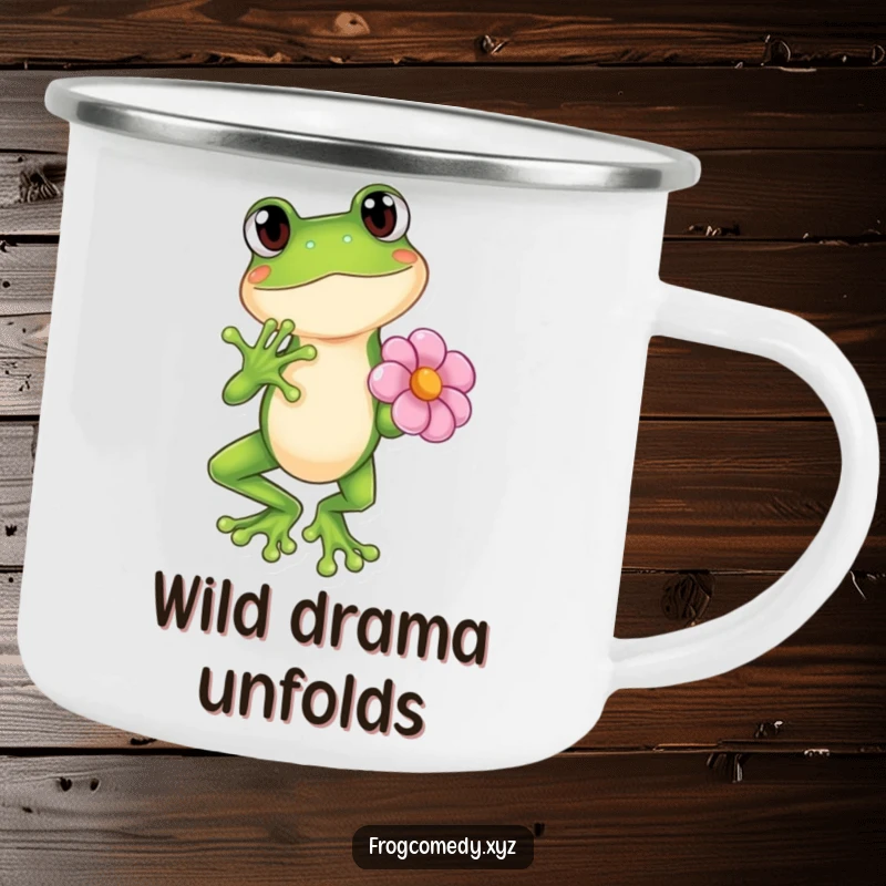 Funny Kawaii frog in a dramatic pose with a flower, enamel camping mug, cute anime outdoor gear, gift.