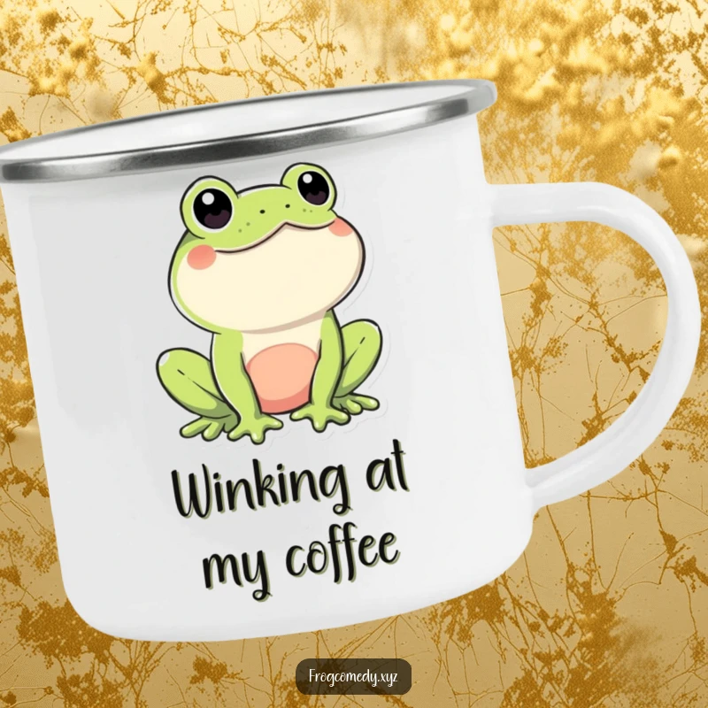Funny Kawaii Frog Camping Mug: Durable enamel mug with a playfully winking Kawaii frog, perfect for outdoor drinks and good vibes.