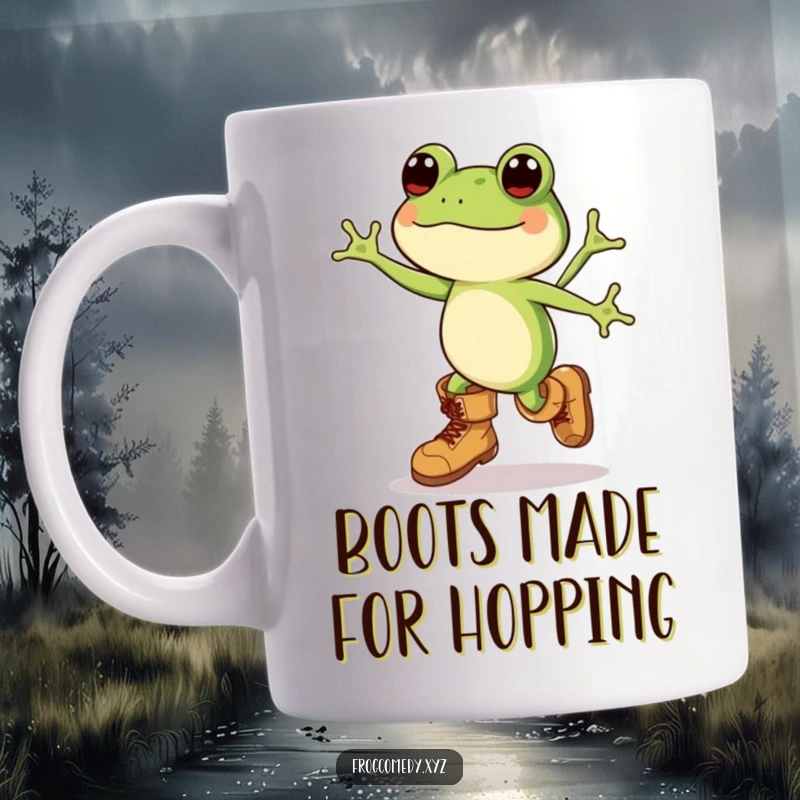 Funny Kawaii frog in huge boots, joyfully leaping high, bringing laughter and a playful vibe to this delightful mug.