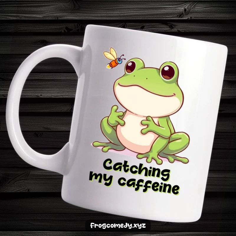Funny frog mug, a frog with a wide, mischievous grin expertly catching a fly with its tongue, full of playful mischief.