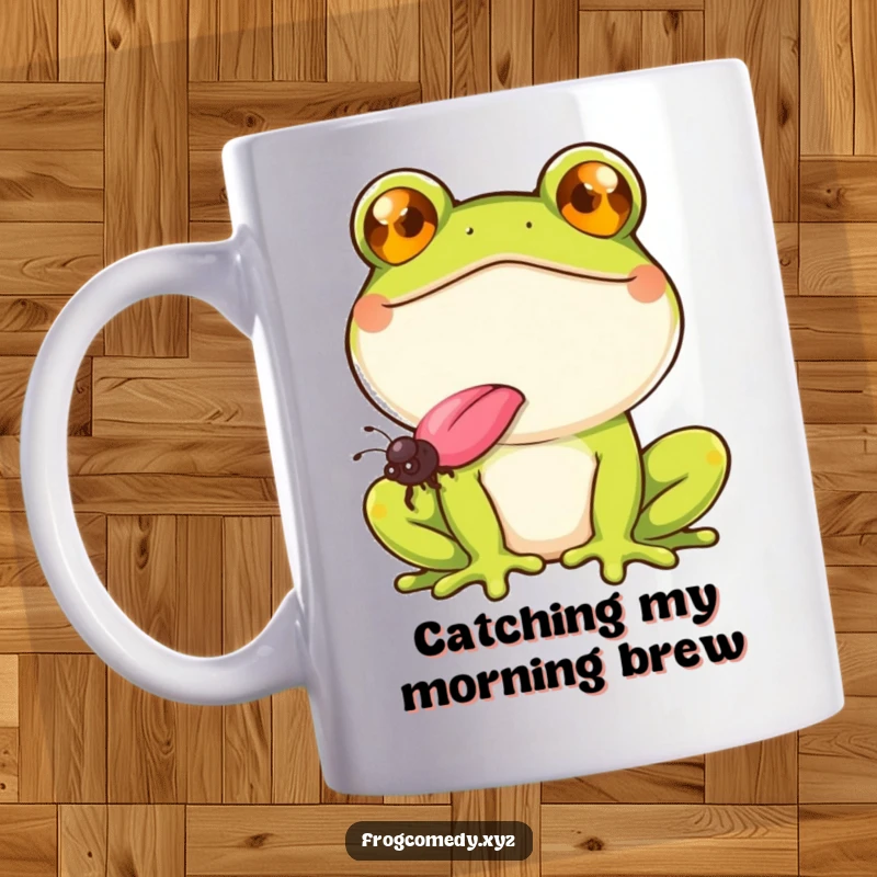 Funny frog with a wide smile, catching a fly with its tongue on a mug, showcasing slyness and satisfaction.