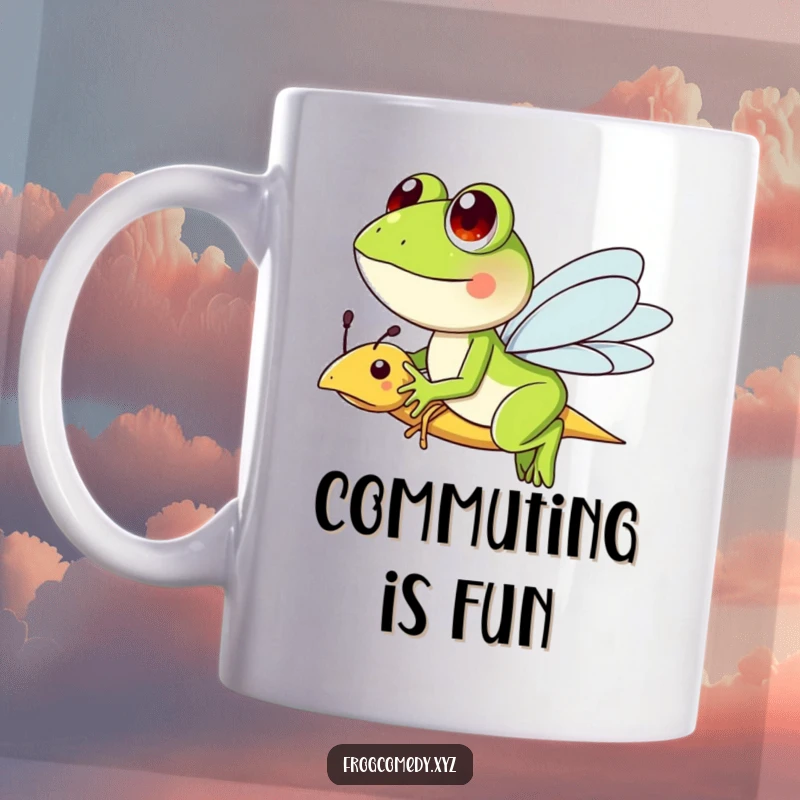 Funny mug showing a frog character joyfully riding on the back of a friendly dragonfly, embodying whimsical adventure.