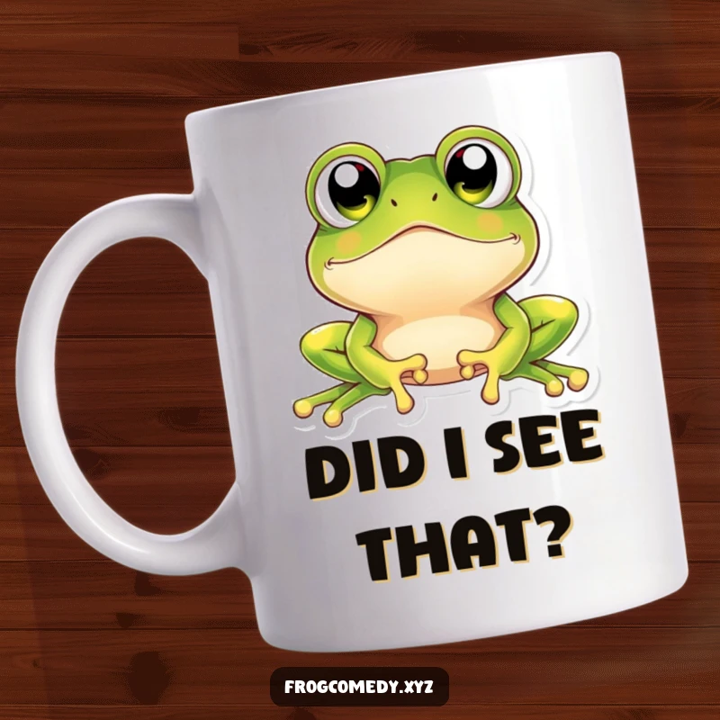 Funny kawaii frog mug featuring a cute frog with comically large, sparkling eyes gazing upwards in a state of pure, wide-eyed amazement.