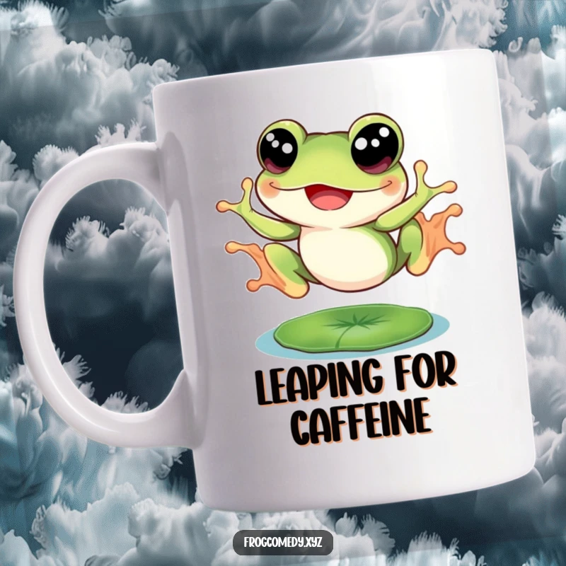Funny frog with big eyes, joyfully leaping from a lily pad on a mug, showcasing excitement and amphibian adventure.