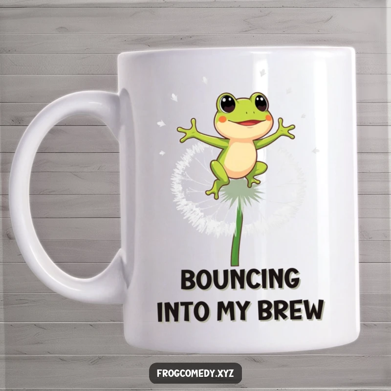 Funny energetic frog bouncing high on a giant dandelion puff, happy cartoon character, whimsical morning mug, perfect gift.