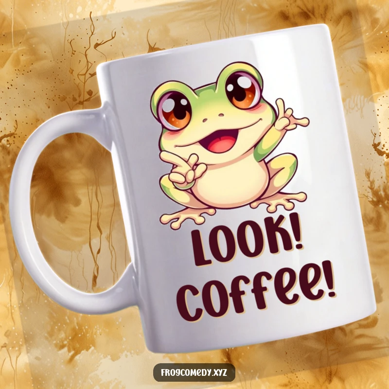 Funny mug featuring an excited frog with bulging eyes, enthusiastically pointing forward, full of energy and humor.