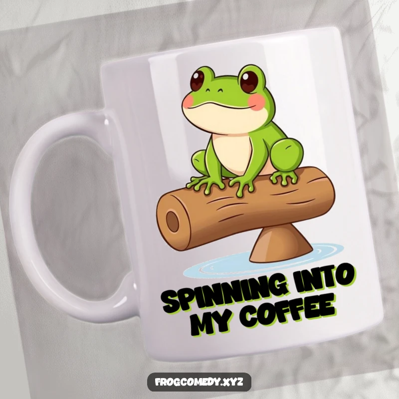 Funny mug of a green frog comically balancing precariously on a rapidly spinning log, looking determined.
