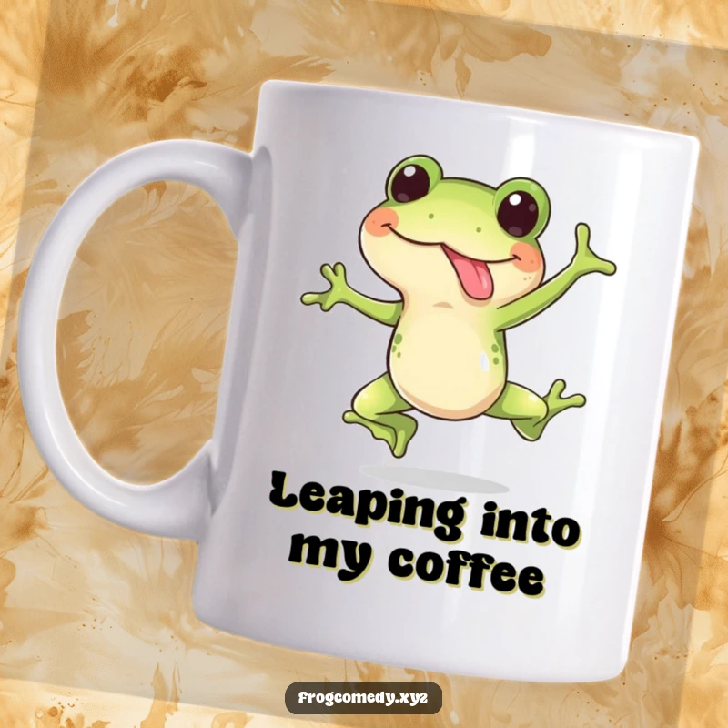 Funny mug featuring a happy frog mid-leap with its tongue out in surprise, celebrating playful amphibian antics and humor.