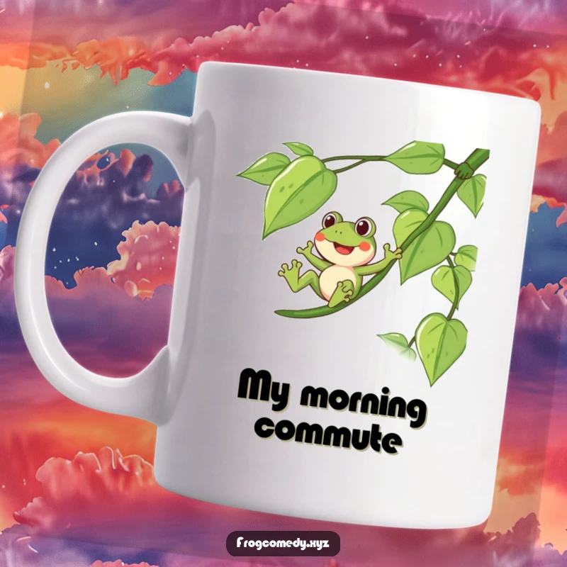 Funny mug showing a delighted frog character happily sliding down a long, leafy vine, full of jungle fun.