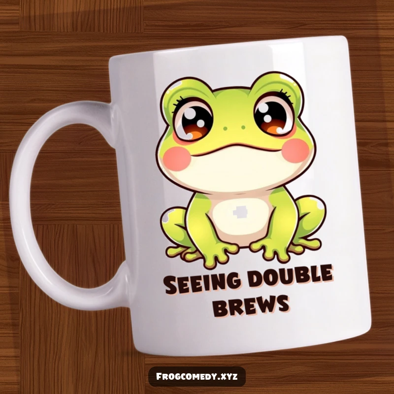 Funny kawaii frog mug featuring a cute amphibian with crossed eyes, looking hilariously startled and slightly amused by the situation.