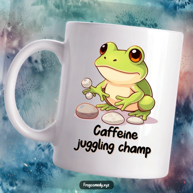 Funny mug showcasing a cute kawaii frog with intense focus, attempting to juggle three shiny pebbles, embodying quirky determination and humor.