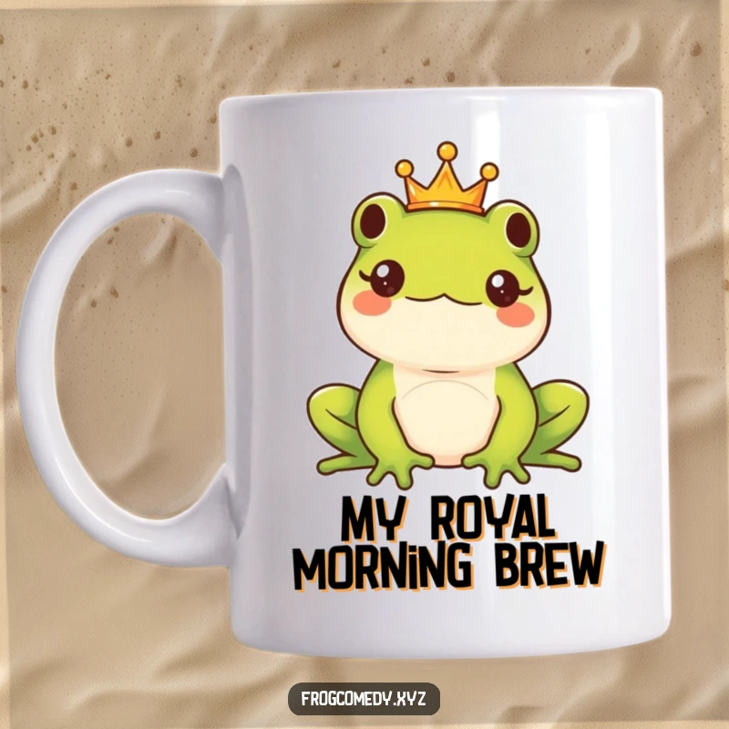 Funny Kawaii frog king wearing a tiny crown, looking majestic and regal on a coffee mug, perfect for a funny gift.