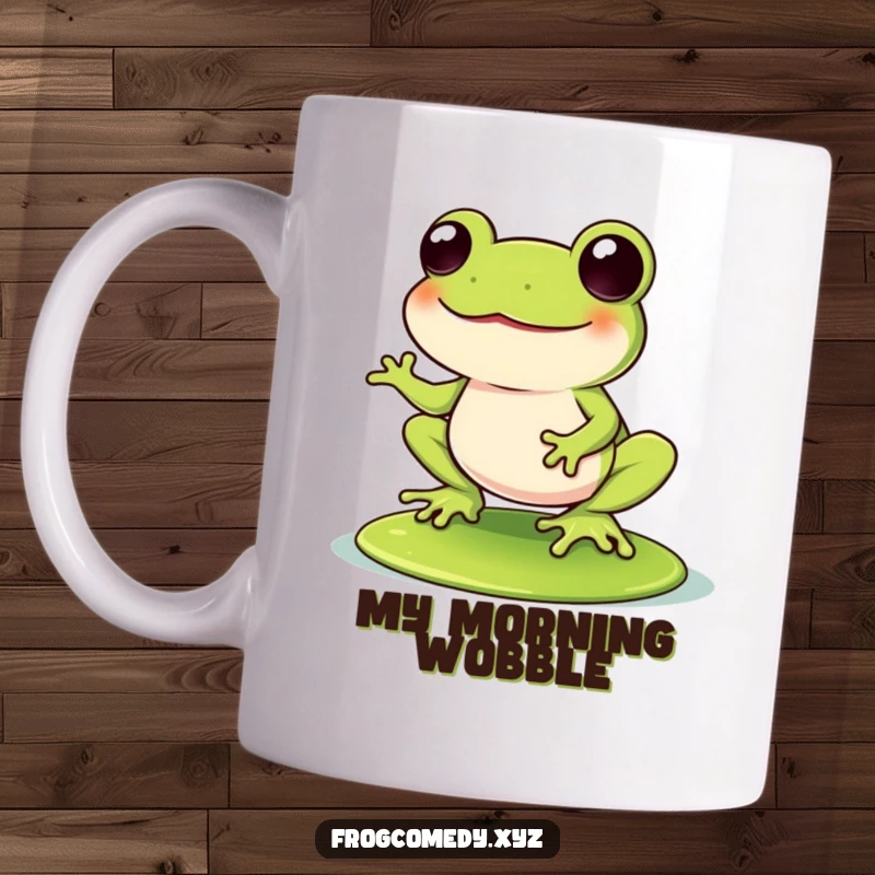 Funny Kawaii frog hilariously balancing on a lily pad, wobbling with uncontrollable laughter, radiating pure joy and amusement on a mug.