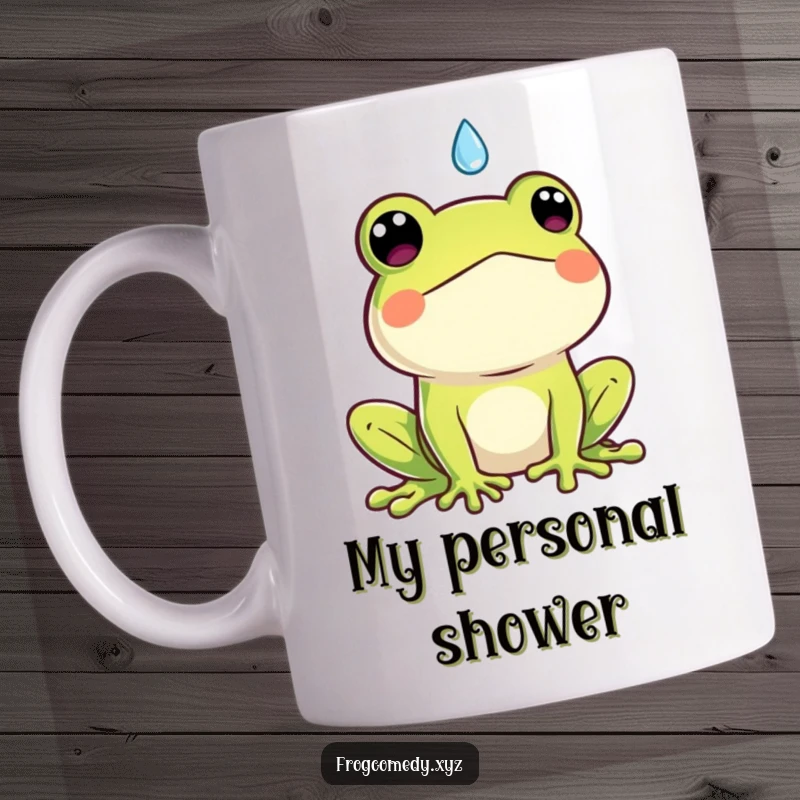 Funny Kawaii frog mug, surprised expression as a single raindrop falls, cute and humorous amphibian art.