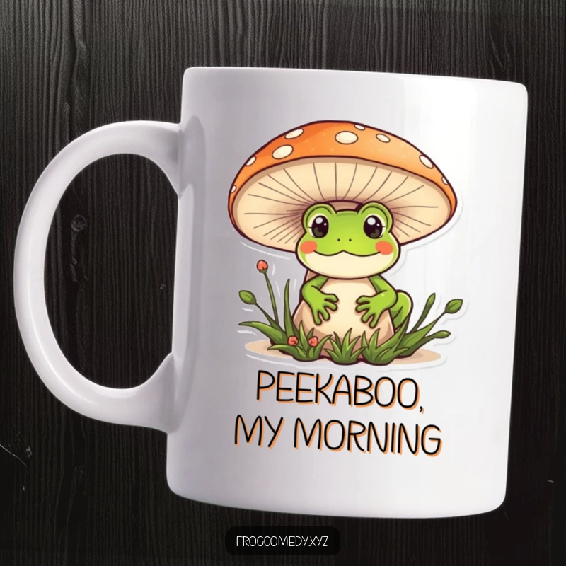 Funny Kawaii frog mug featuring a cute frog peeking from behind a large mushroom, a whimsical and humorous scene.