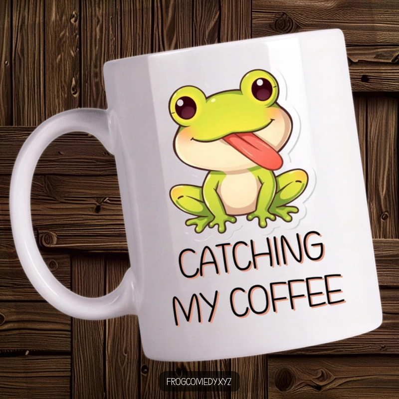 Funny mug with a kawaii frog character sticking out its long, sticky tongue playfully, evoking cute and humorous interaction.