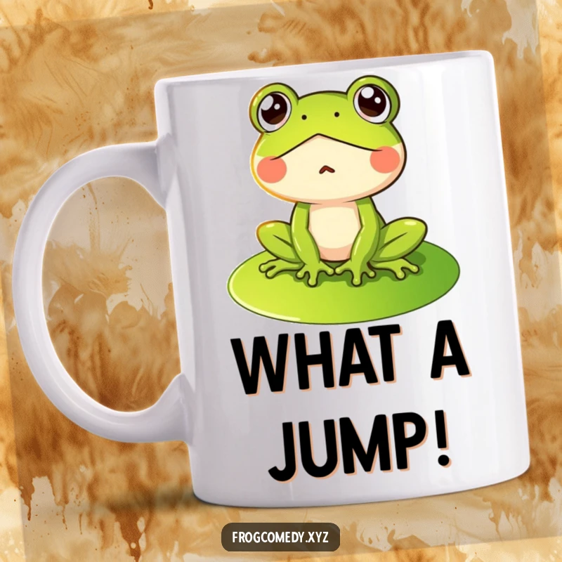 Funny mug featuring a wide-eyed, surprised frog character sitting comically on a green lily pad, perfect for humor lovers.