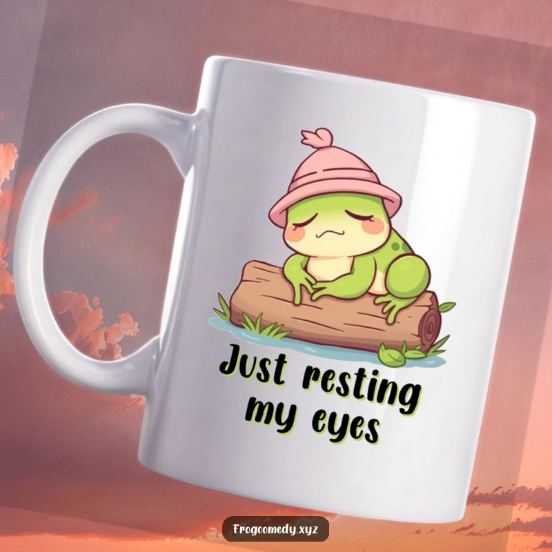 Funny frog in a tiny hat sleeping peacefully on a log, perfect for a humorous mug gift.