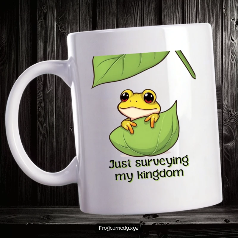 Funny frog mug with a curious amphibian peeking from behind a big green leaf, conveying a sense of playful observation and secret discovery.