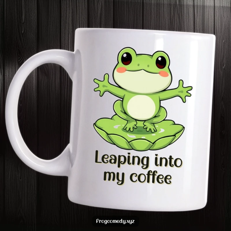 Funny frog mug, a happy frog character joyfully leaping and splashing into a green lily pad, full of playful energy.